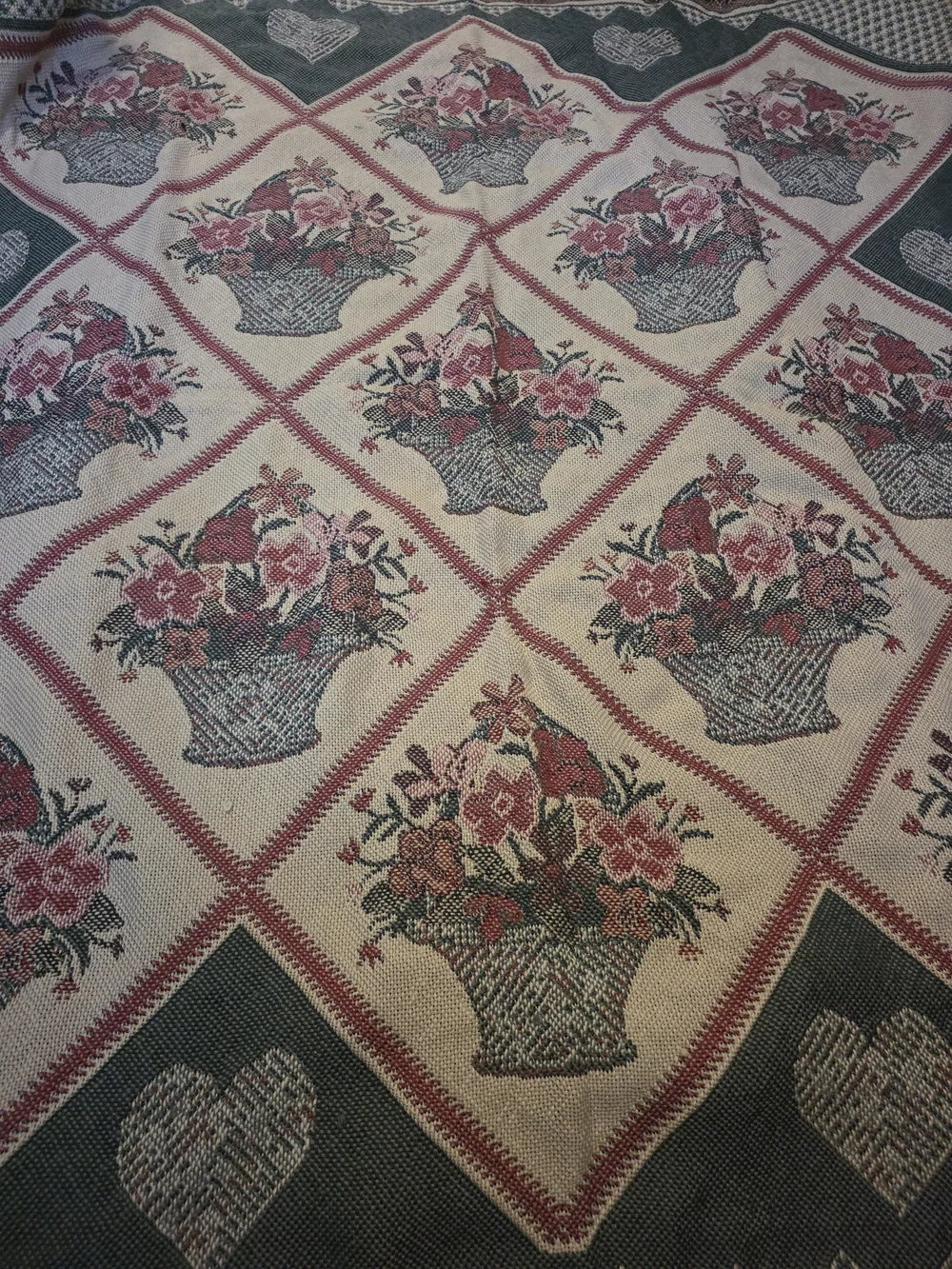 Vintage American Weavers Woven Floral Basket Heart Fringed Throw Blanket